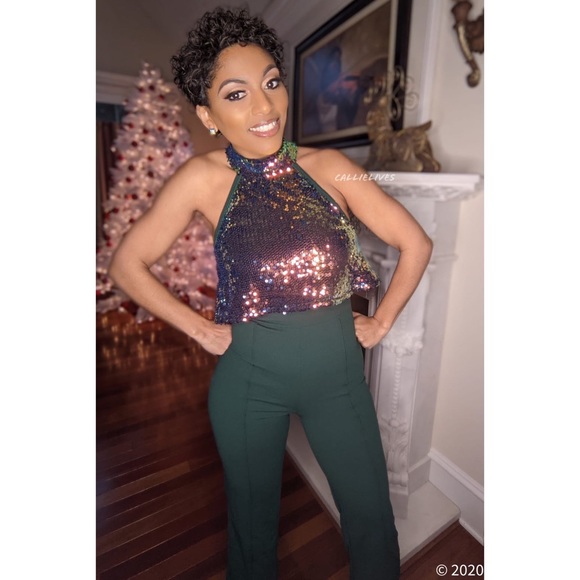 Callie Celebration: Iridescent Orange Sequin Cropped Halter Green Jumpsuit S M - Picture 14 of 16
